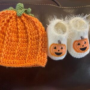 Orange Pumpkin Hat and Booties Set